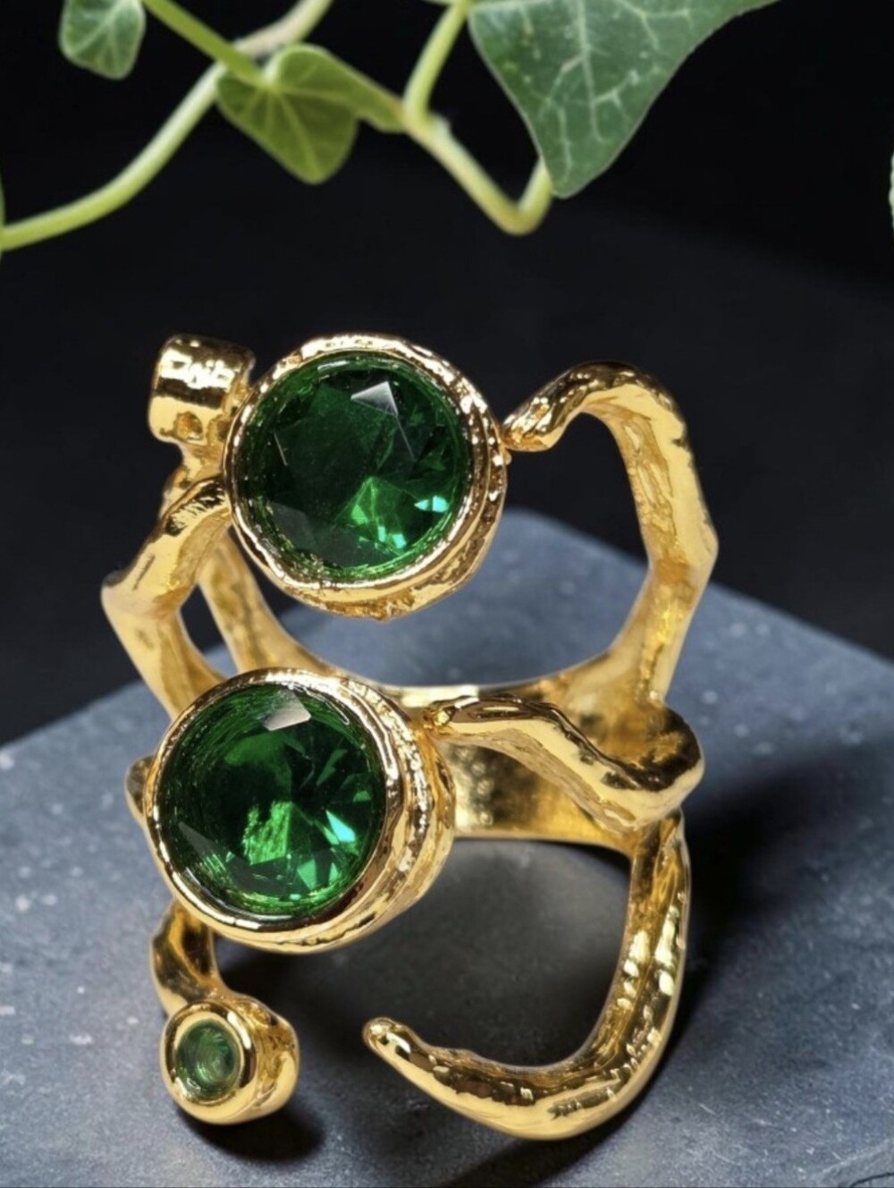 18k Gold Plated Custom Emerald Quartz Crystal Branched Statement Ring